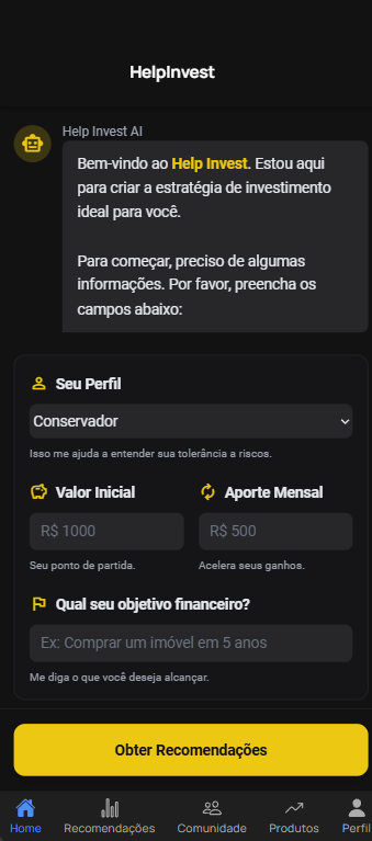 Tela inicial do HelpInvest